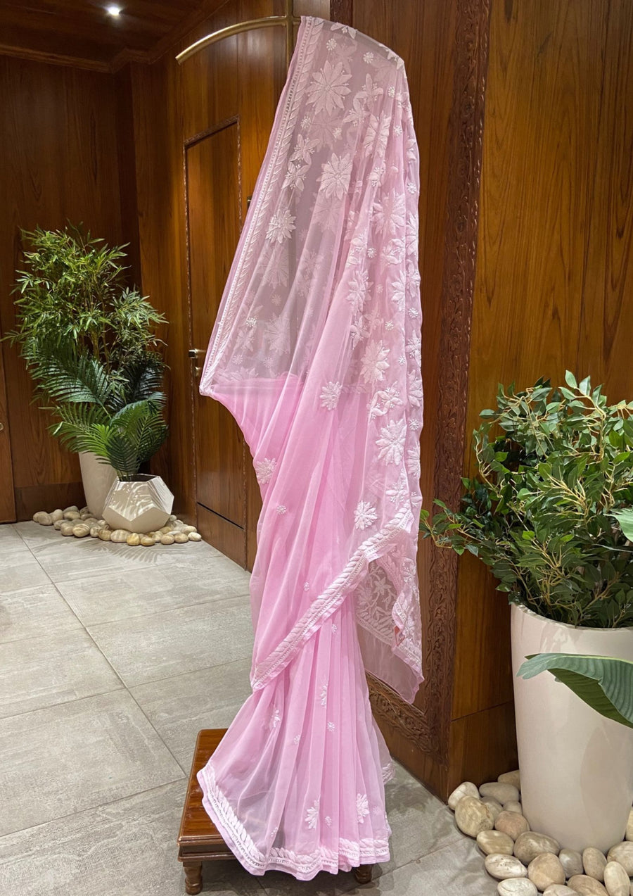 Chikan Saree Georgette - Pink