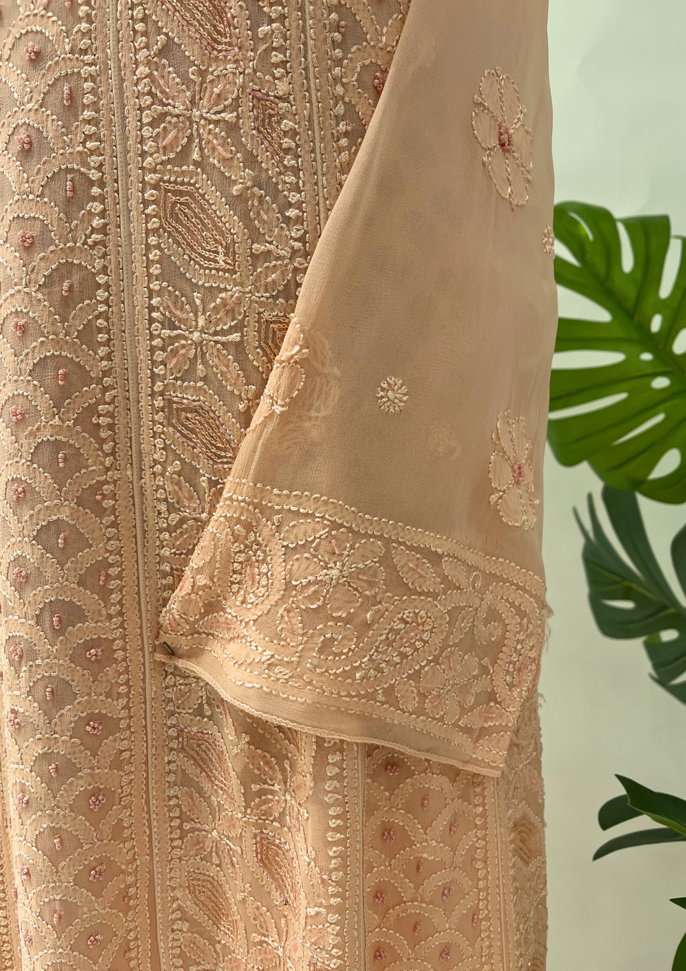 Viscose Chikankari Semistitched Anarkali - Peach