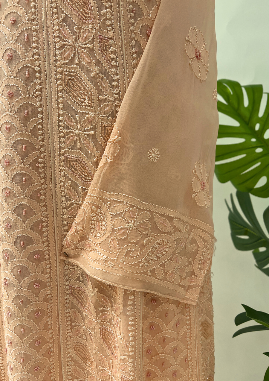 Viscose Chikankari Semistitched Anarkali - Peach
