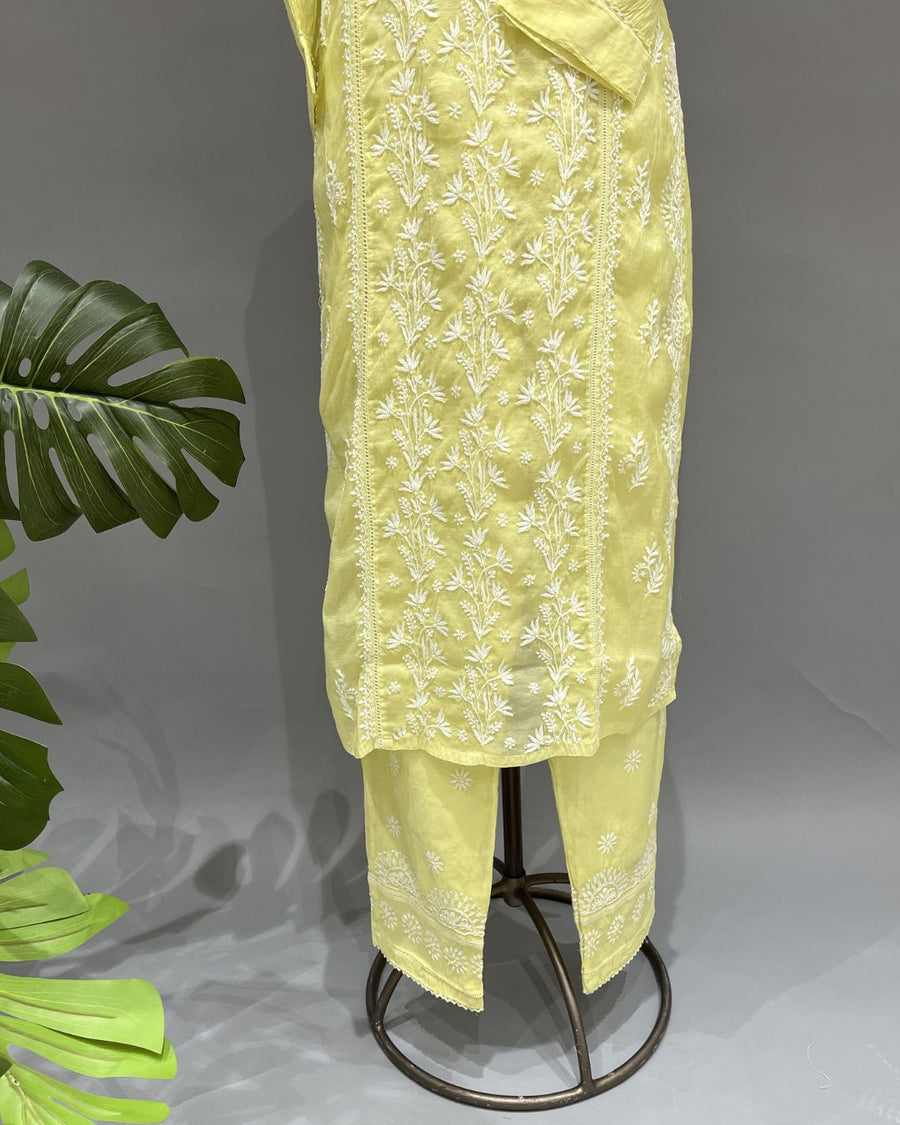 Chanderi Chikankari Co-ord Set - Butter Yellow