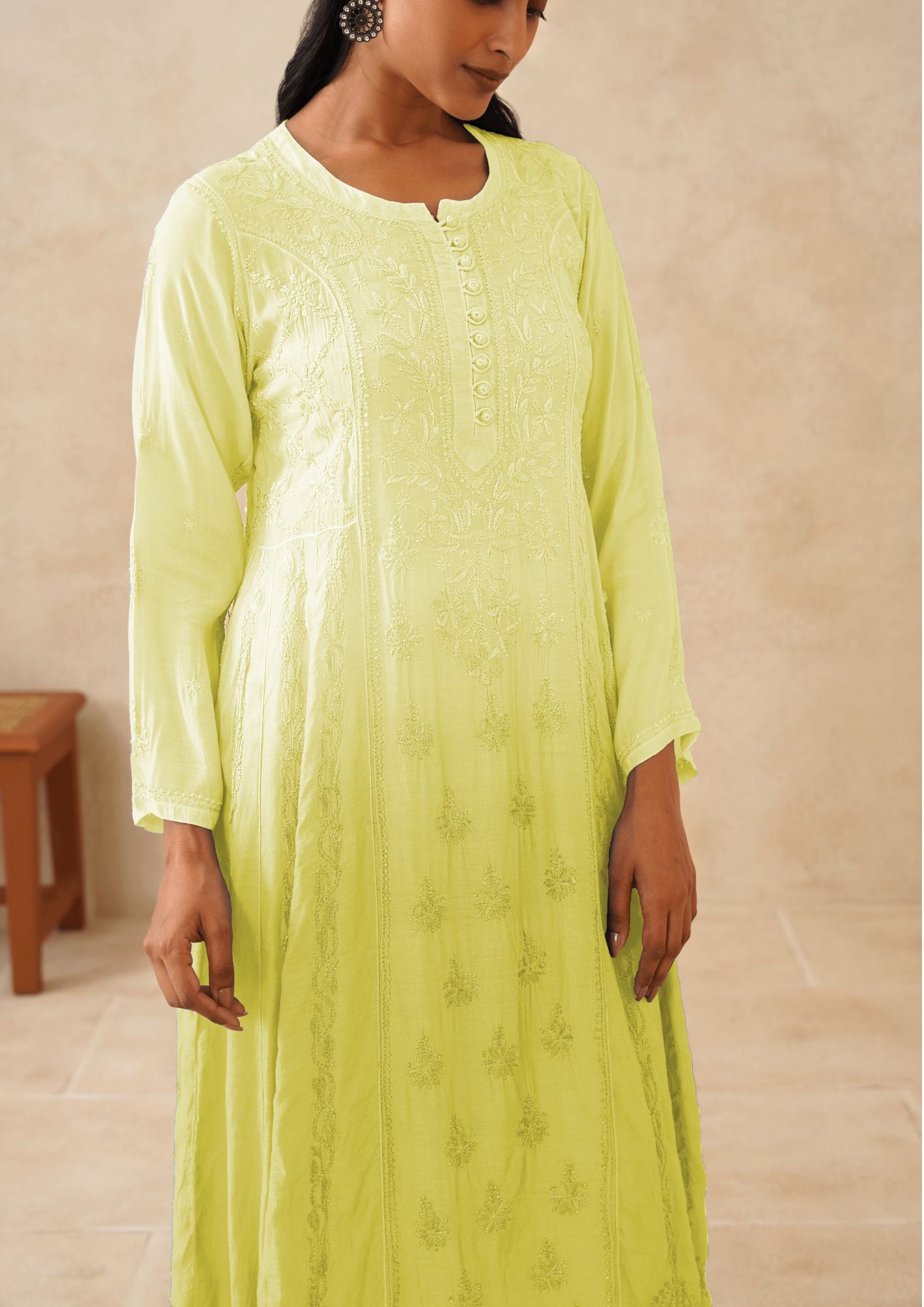 Muslin Chikankari Long Kurti - Ombre Lime Green