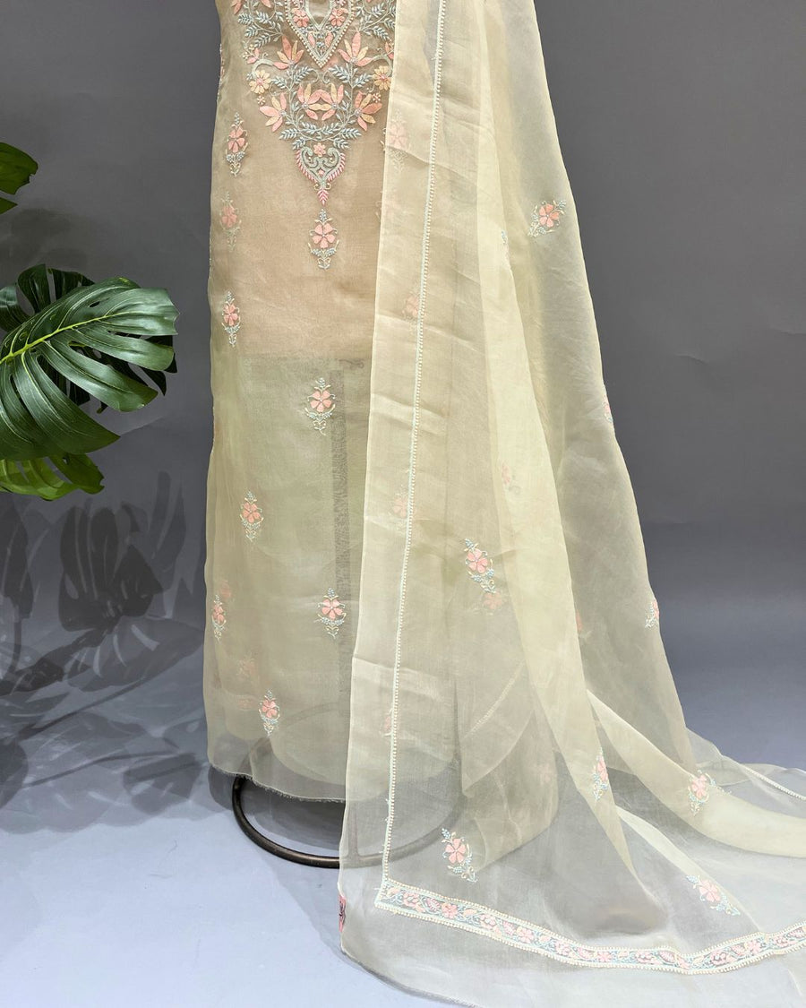 Chikankari Organza Unstitched Suit - Pista Green