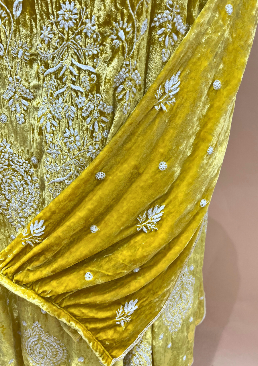 Velvet Chikankari Semistitched Co-ord Set - Sunshine Yellow