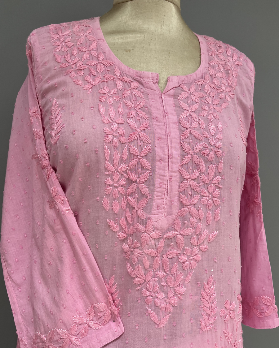 Cotton Chikankari Kurti - Carnation PInk