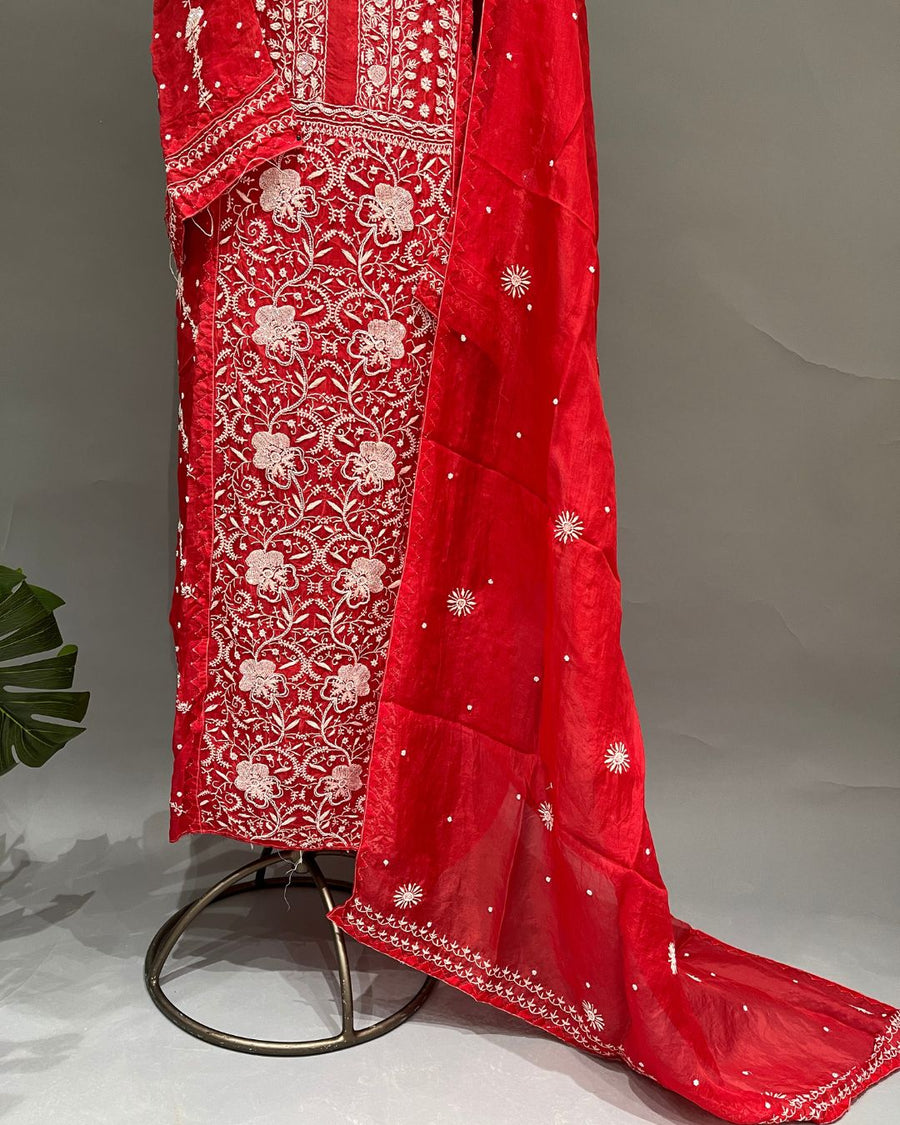 Organza Chikankari Unstitch 2pc Suit - Blood Red