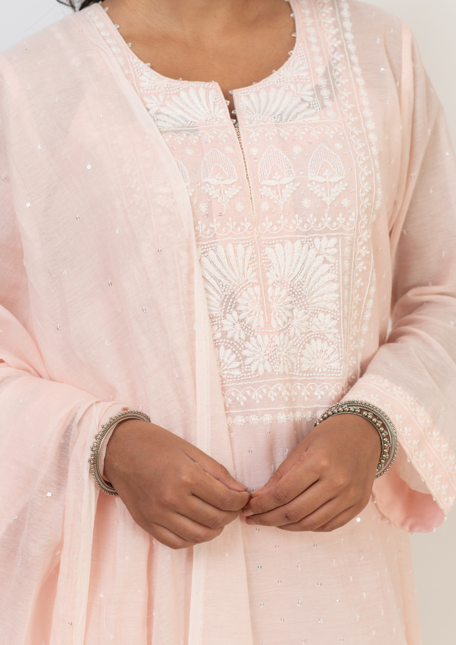 Mul Chanderi chikankari suit set - Salmon pink