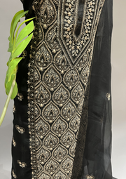 Chikankari Unstitched Organza Suit Set - Black