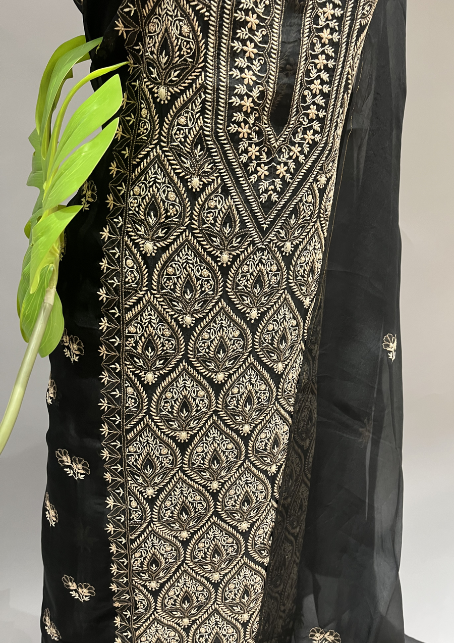 Chikankari Unstitched Organza Suit Set - Black