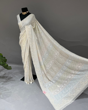 Pure Georgette Chikankari Saree - Multicolour