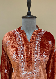 Velvet Chikankari Unstitched Coord Set - Rust Orange