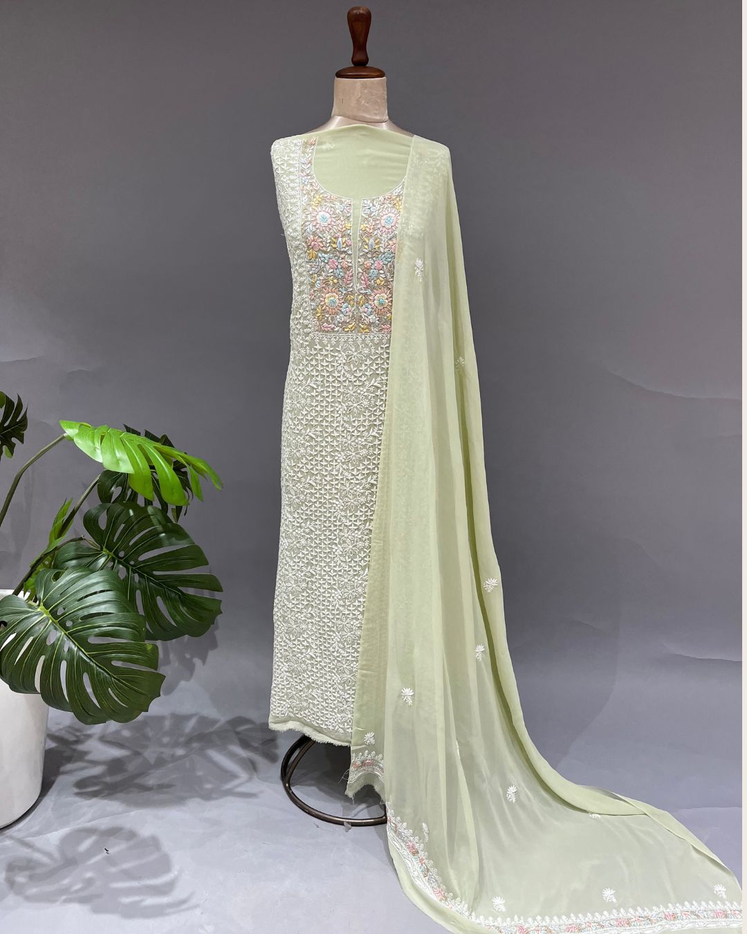 Pure Georgette Chikankari Unstitched 2pc Suit - Mint Green