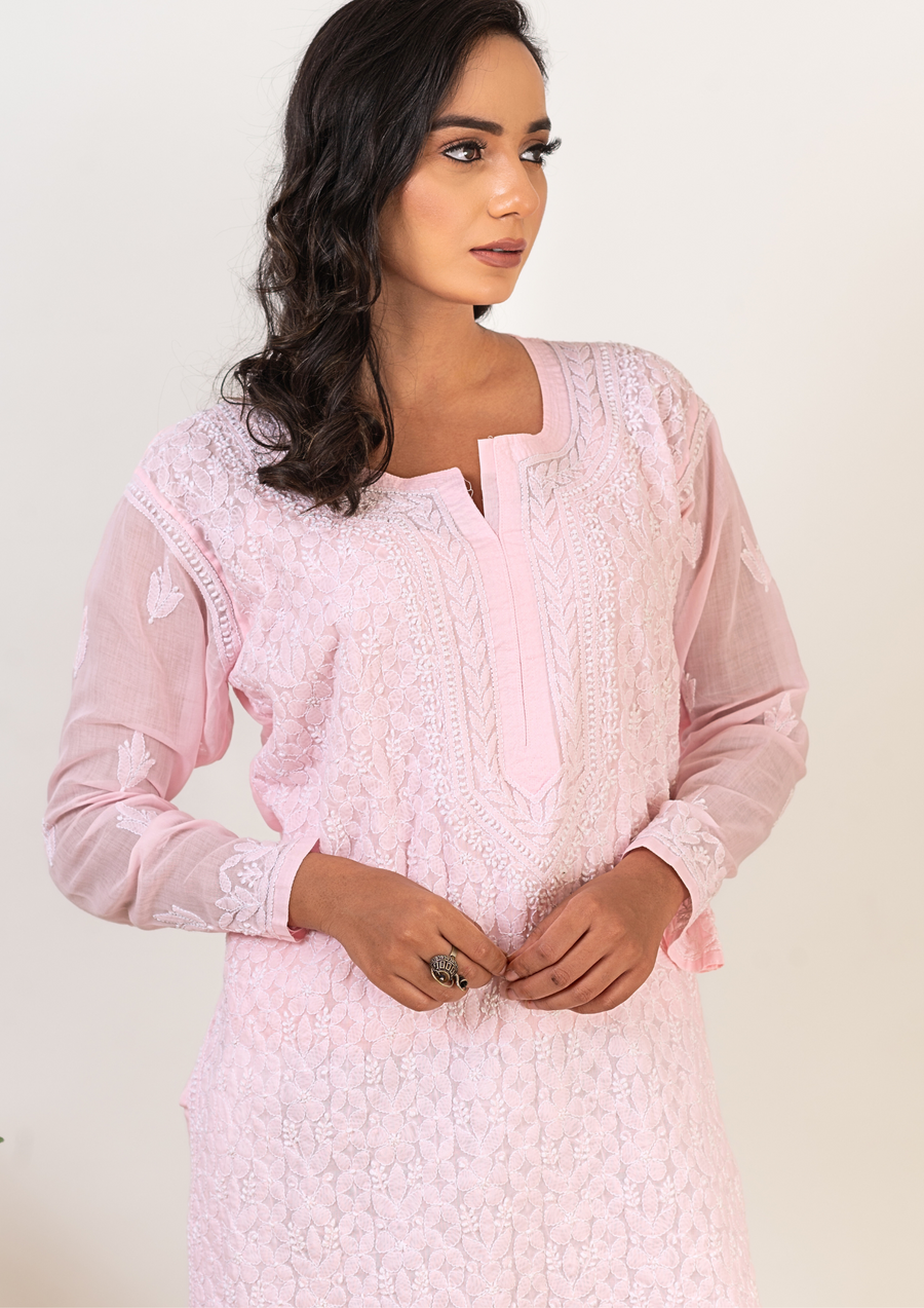 Cotton chikankari long kurti - soft pink