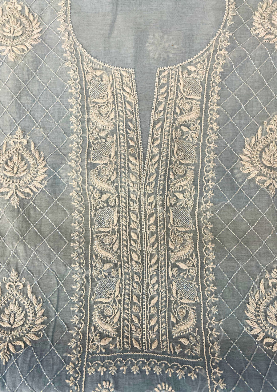 Chikankari Mul Chanderi Unstitched 2Pc Suit - Powder Blue