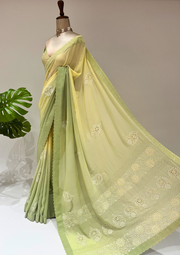 Pure Georgette Chikankari Saree - Lime Green And Yellow Shaded