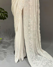 Viscose Chikankari Saree - White & Blue