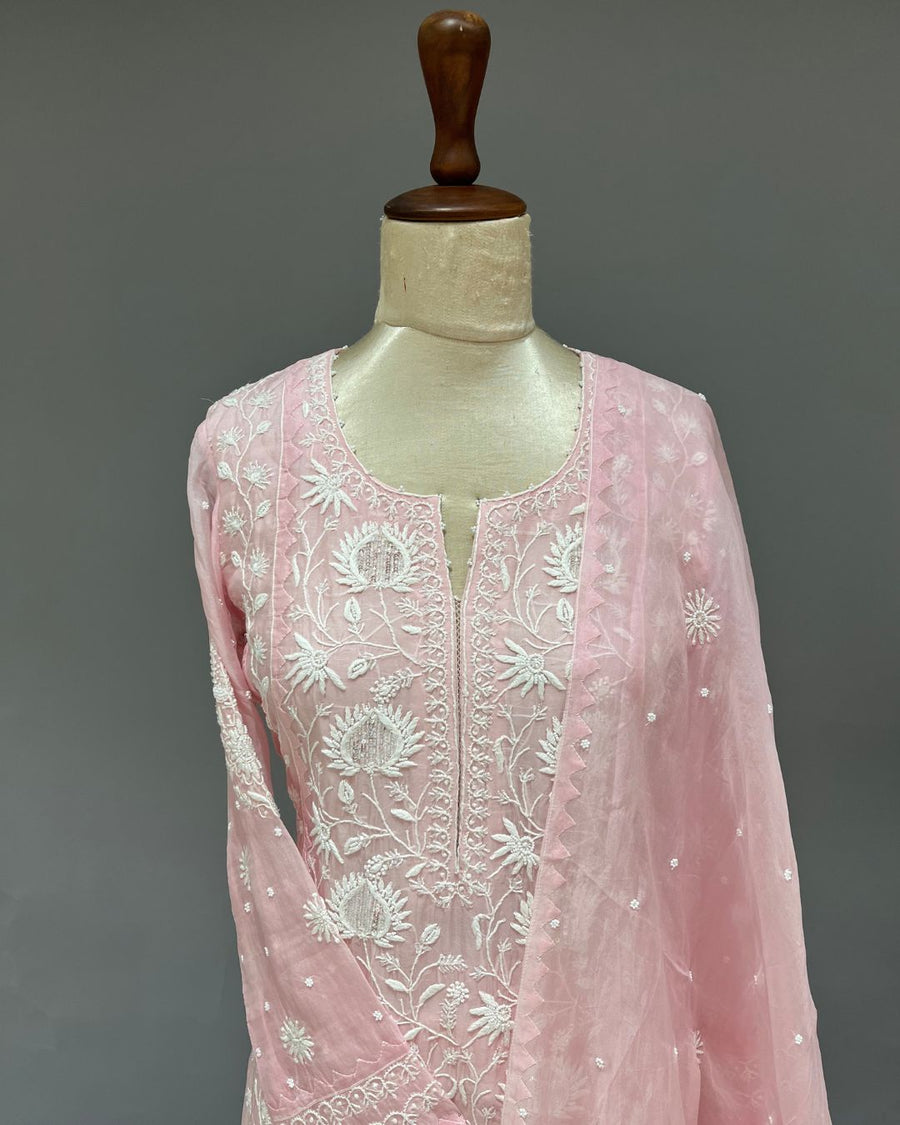 Organza Chikankari 3pc Stitched Suit - Blush Pink