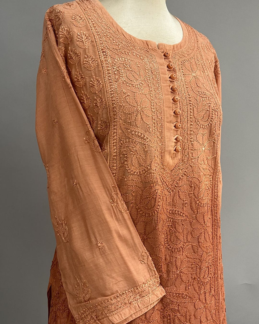Muslin Chikankari Short Kurti - Rust Orange