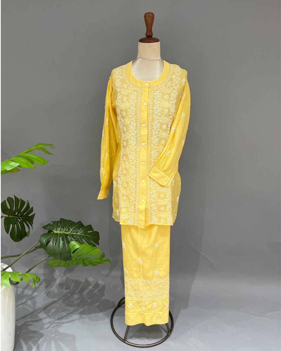 Maheshwari Chanderi Chikankari Co ord set - Sunflower Yellow