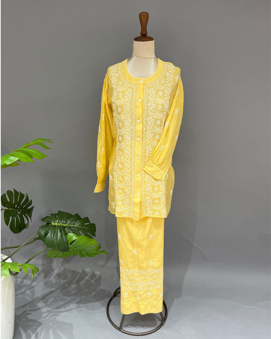 Maheshwari Chanderi Chikankari Co ord set - Sunflower Yellow