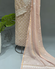 Banarsi Chanderi Chikankari Semistitch 2pc Suit - Nude Pink