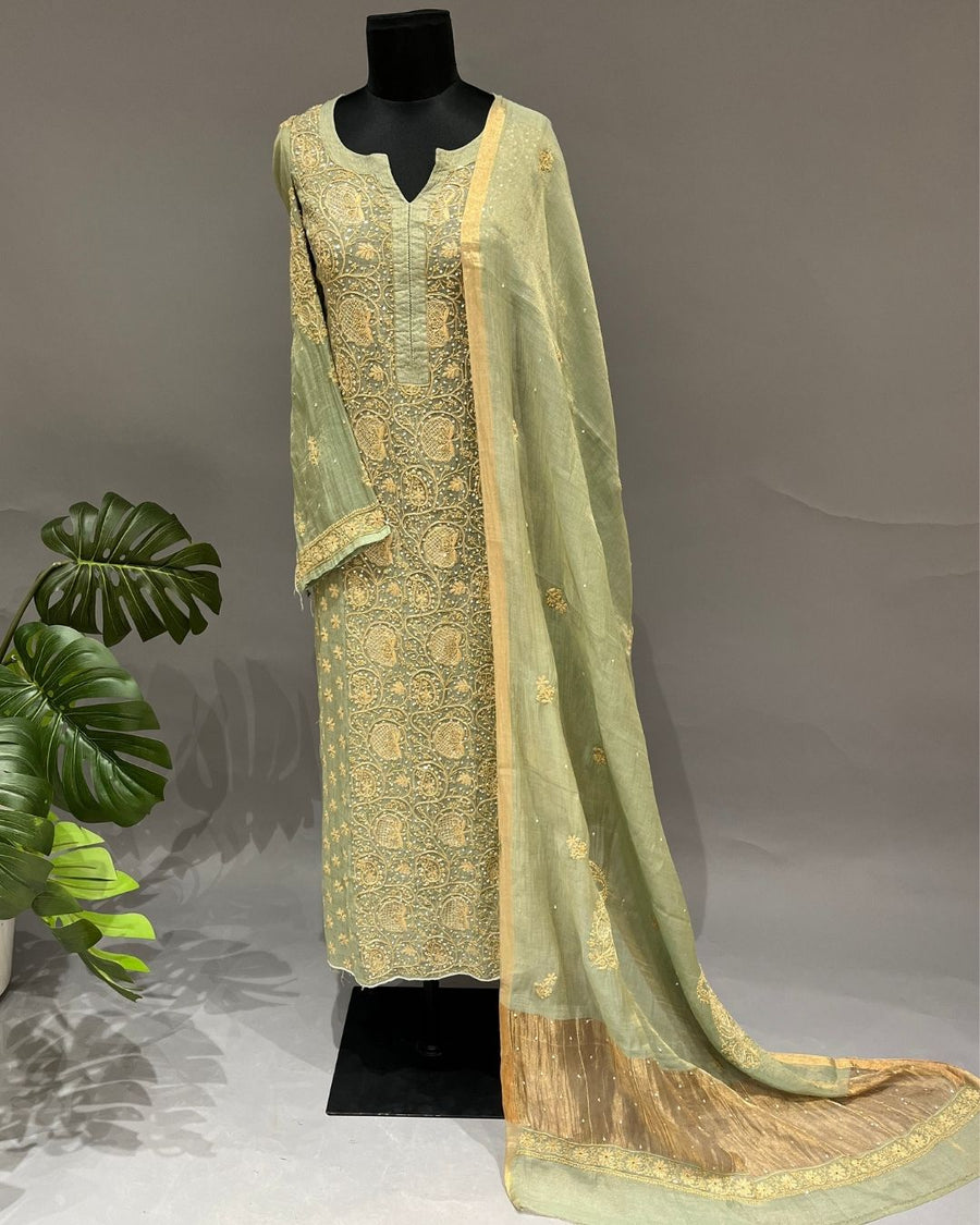 Tissue Chikankari Semistitch 2pc Suit - Sage Green