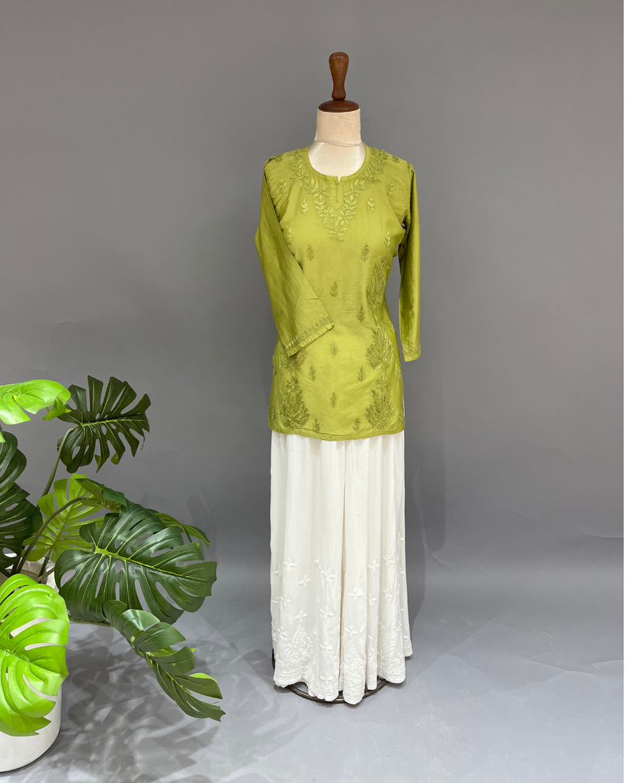 Chanderi Chikankari Short Kurti - Avocado Green