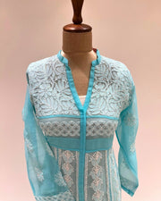 Georgette Anarkali Chikankari Kurta- Deep Sky Blue