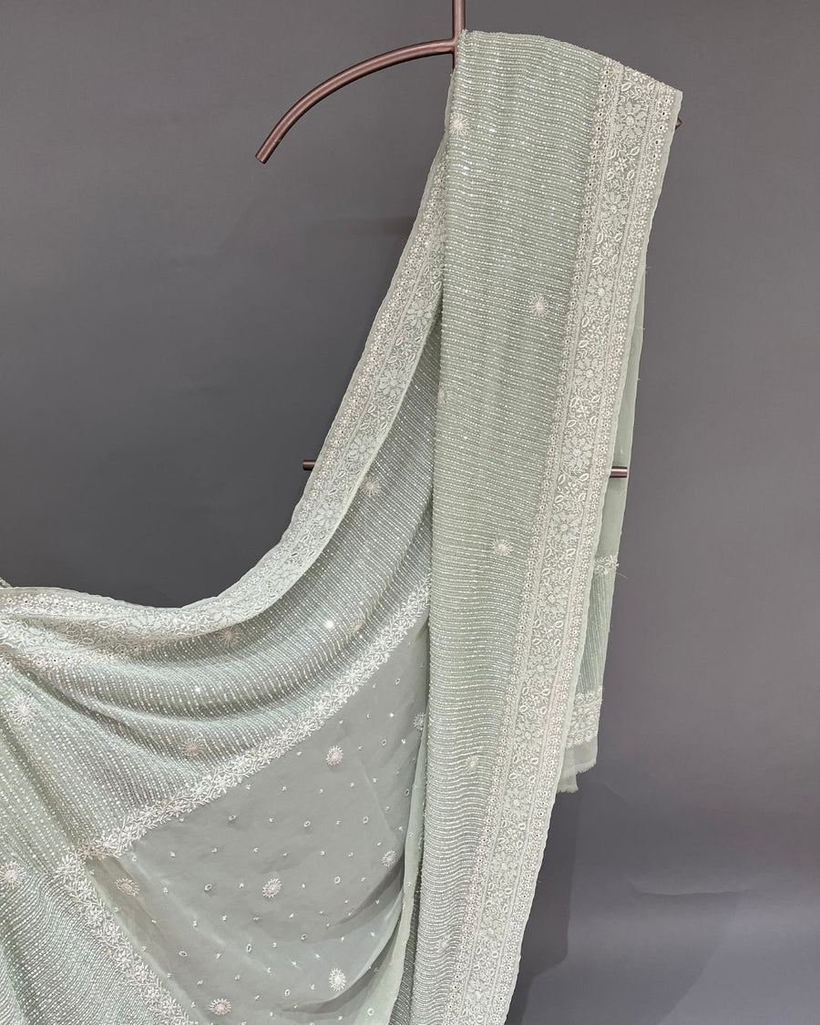 Pure Georgette Chikankari Unstitched Lehnga - Mint Green