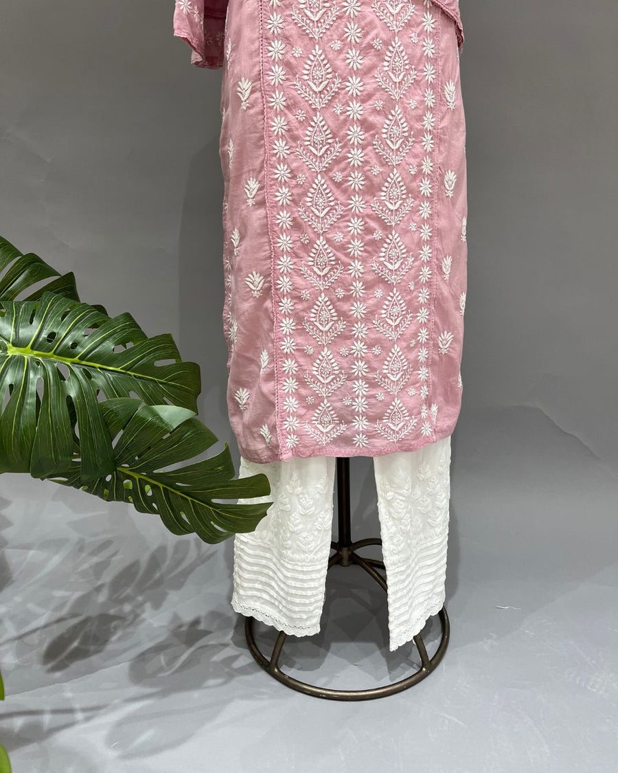 Mul Cotton Chikankari Long Kurti - Rose Pink