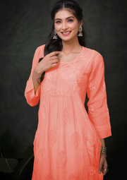 Mul Chikankari Long Kurti - Flamingo