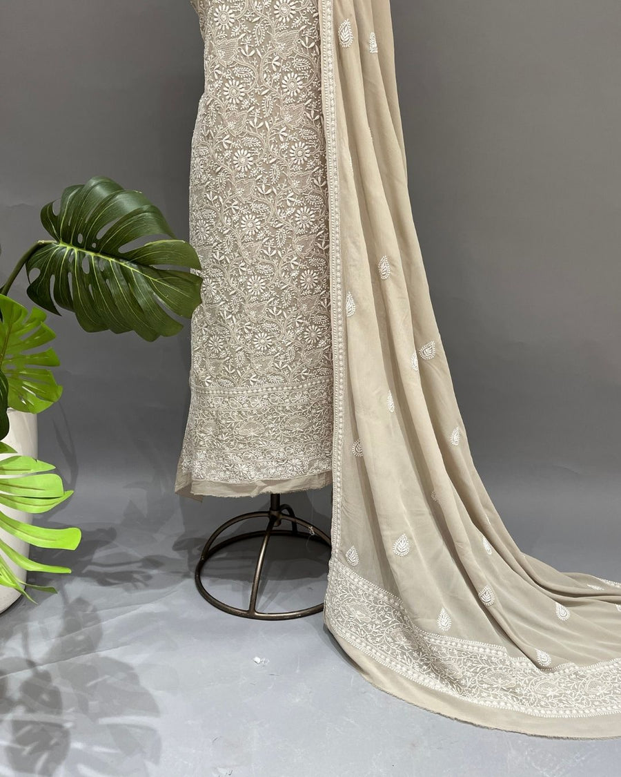 Pure Georgette Chikankari Unstitched 2pc Suit - Gris Pastel