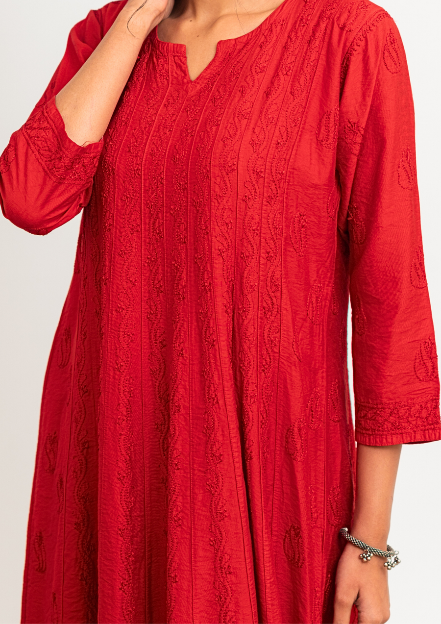 Chanderi Chikankari A-line Kurta - Red