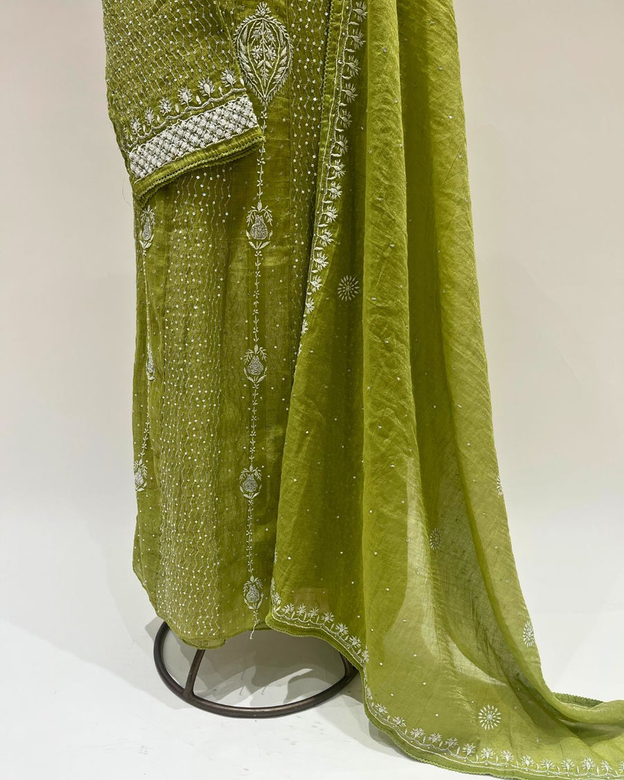 Tissue Chikankari Unstitched Anarkali - Citron Green