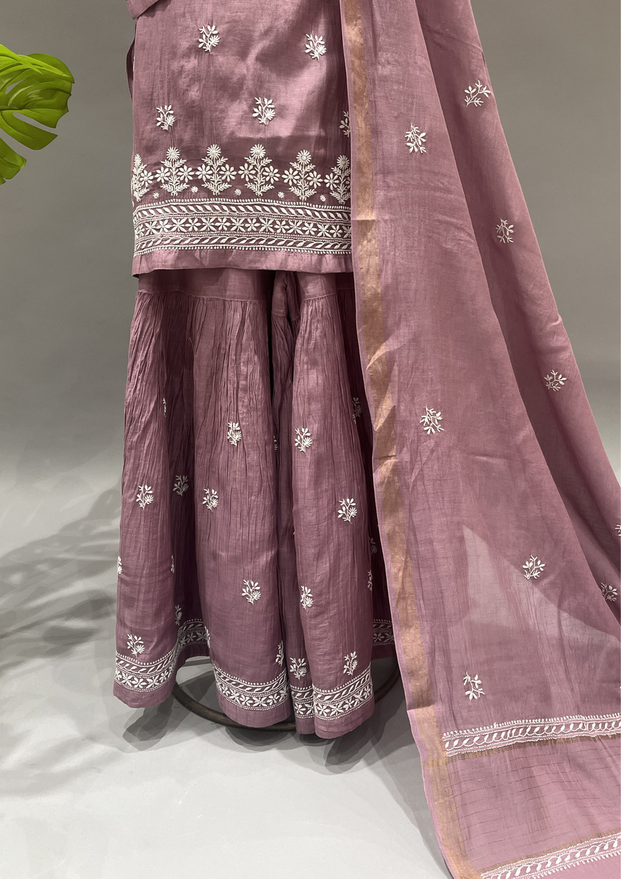 Chikankari Mul Chanderi Sharara Set - Mellow Mauve