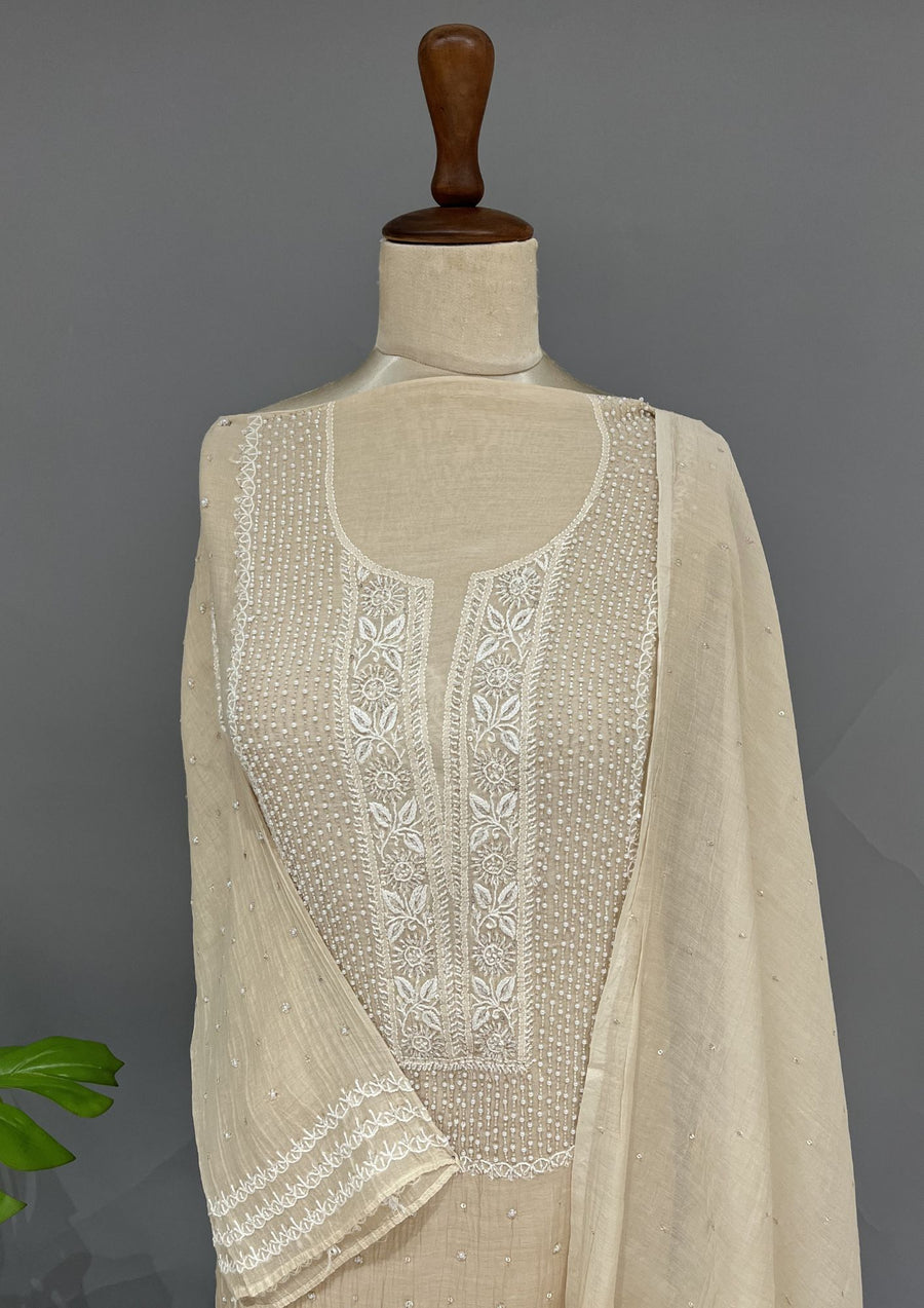 Mul Chanderi Chikankari Unstitch 2pc Suit - Beige Gold