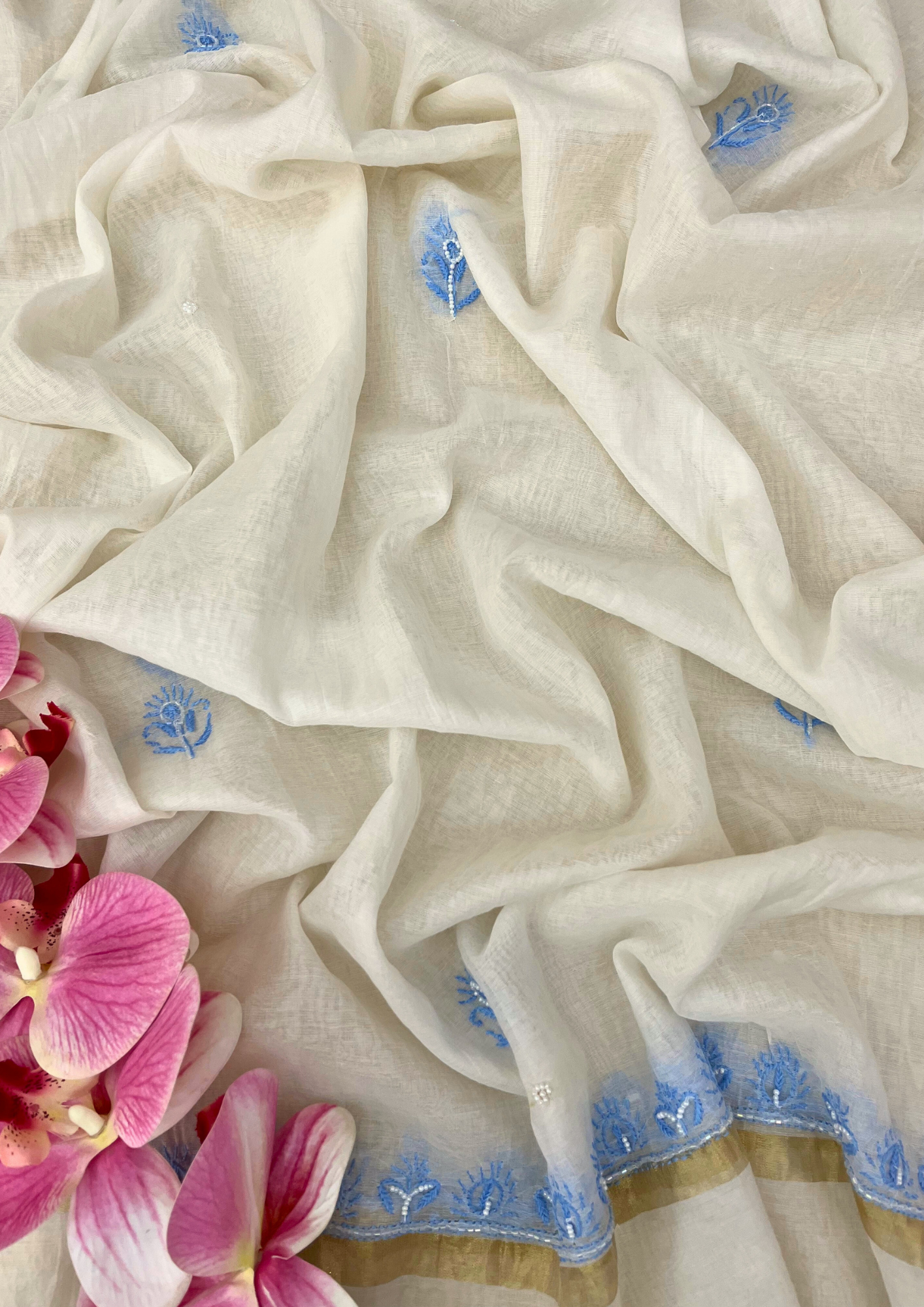 Chikankari Mul Chanderi Unstitched Suit - White and Blue