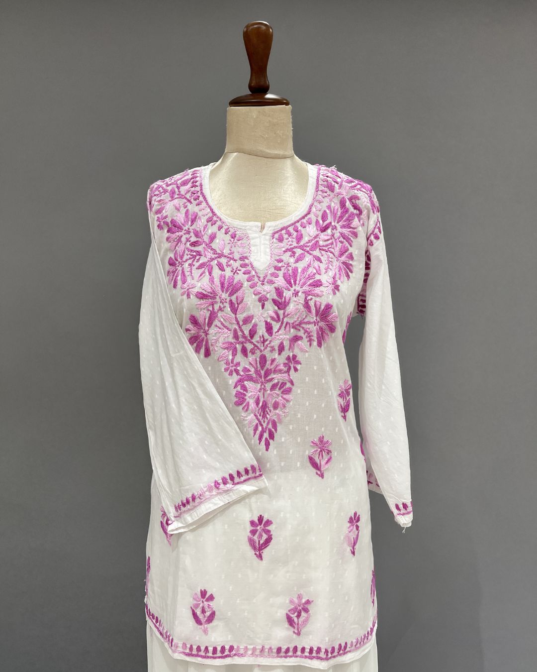 Cotton Chikankari Short Kurti - White & Plum