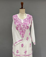 Cotton Chikankari Short Kurti - White & Plum