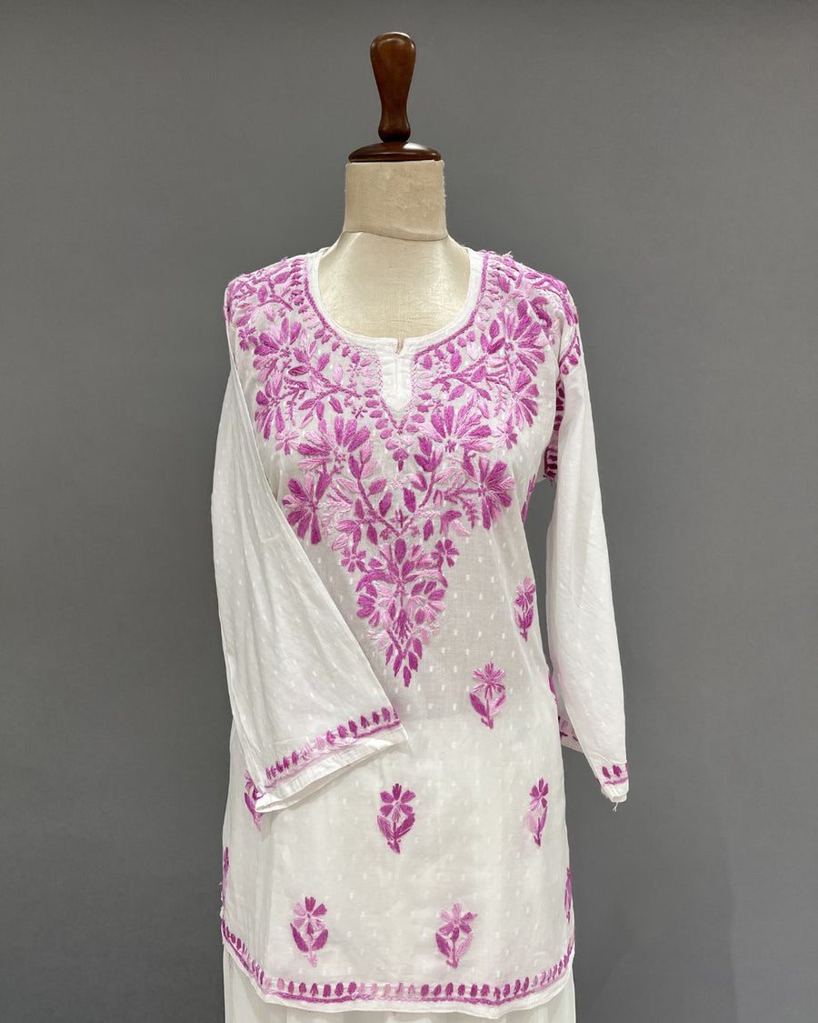 Cotton Chikankari Short Kurti - White & Plum