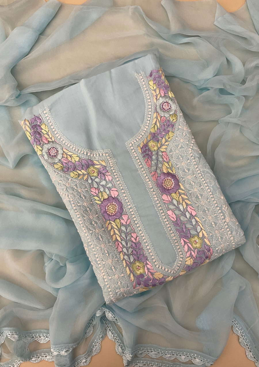 Cotton Chikankari Unstitched Suit - Powder Blue
