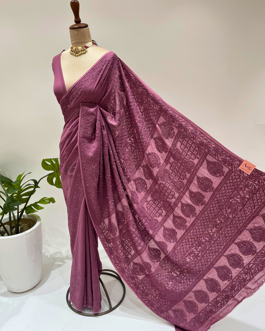 Chikankari Viscose Saree - Light Plum