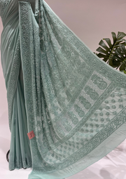 Viscose Chikankari Saree - Teal Green