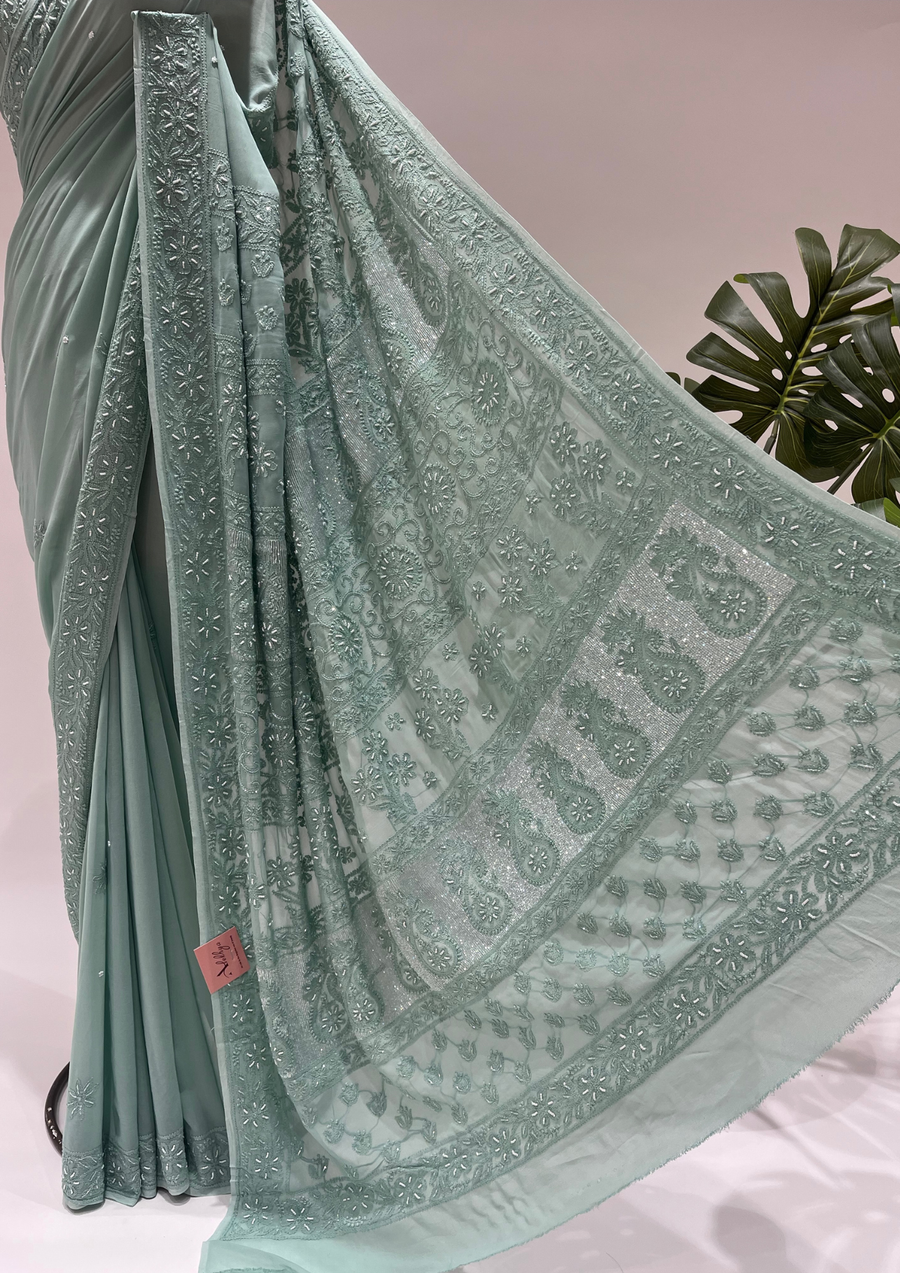 Viscose Chikankari Saree - Teal Green