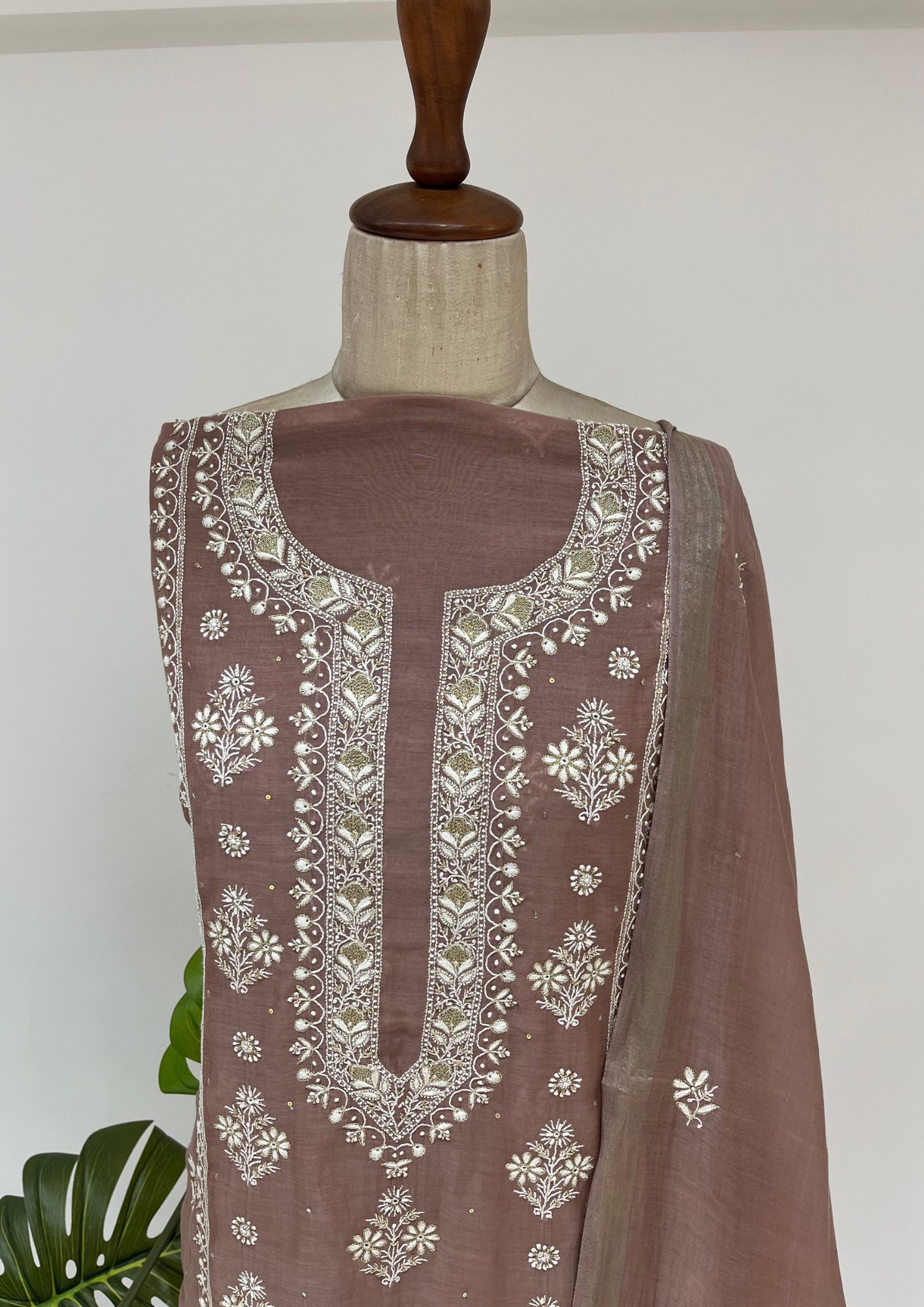 Mul Chanderi Chikankari Unstitched Suit - Hazelnut