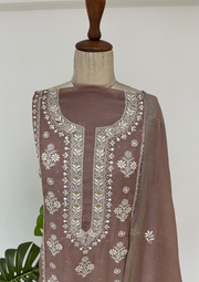 Mul Chanderi Chikankari Unstitched Suit - Hazelnut