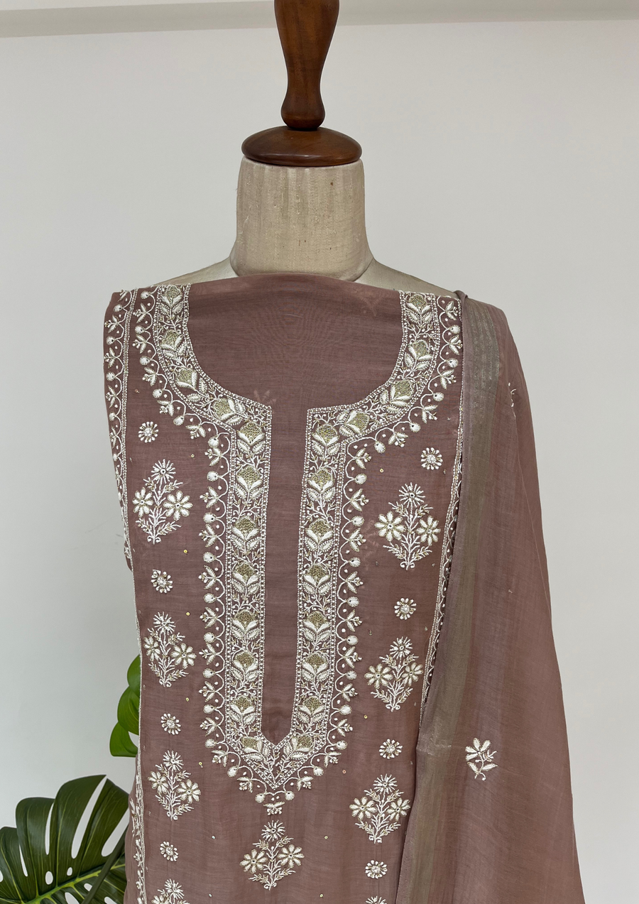 Mul Chanderi Chikankari Unstitched Suit - Hazelnut