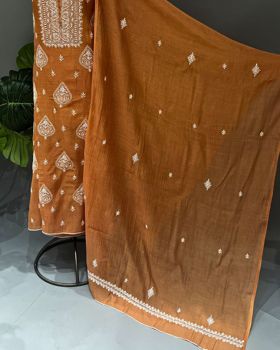 Mul Chanderi Chikankari Unstich 2pc suit - Rusty Orange