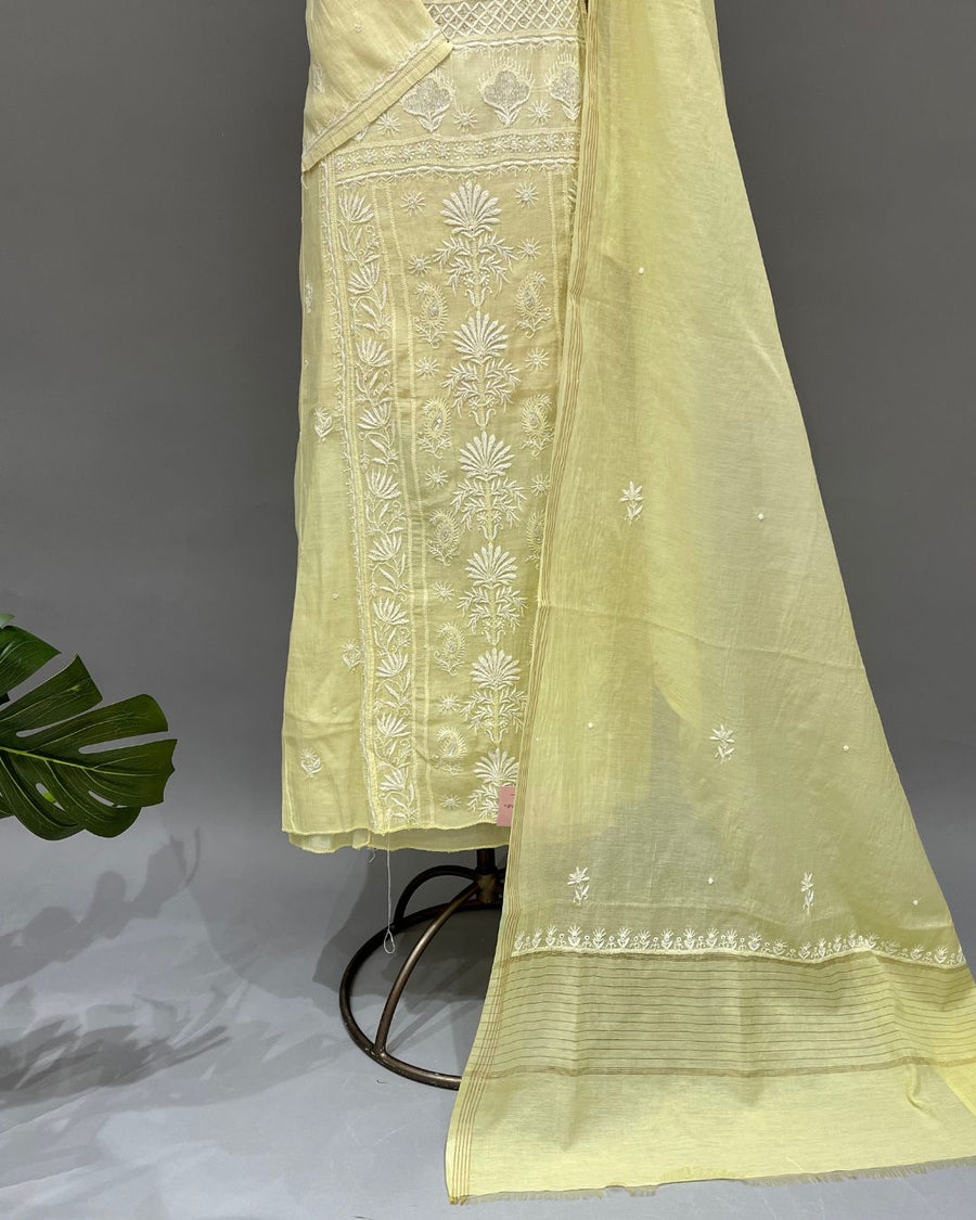 Mul Chanderi Chikankari Unstitched 2pc Suit - Lemon Yellow