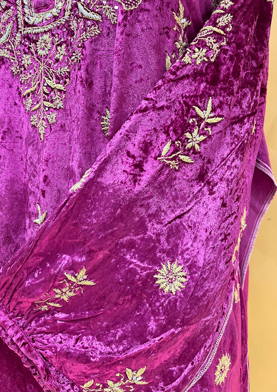 Velvet Chikankari Unstitched Coord Set - Magenta Haze