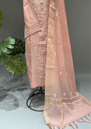 Chikankari Mul Unstitched Kurta And Dupatta Set  - Rose Pink